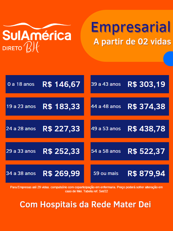 Tabela de preços plano de saúde bh sulamerica empresarial direto