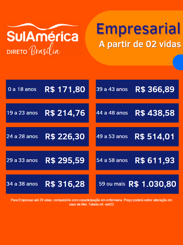 Tabelas de preços sulamérica brasília empresarial